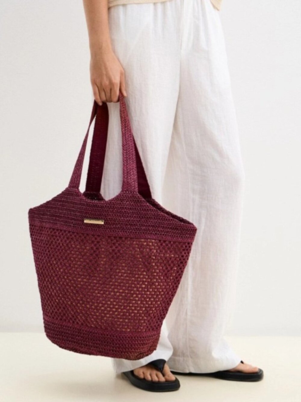 Woven Straw Beach Bag – Red | Waterproof Lining, Drawstring & Cosmetic Pouch